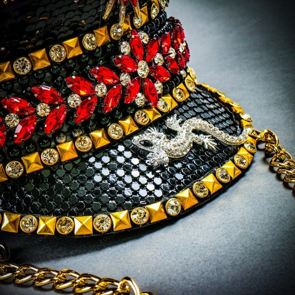 Black Military Captain Hat with Rhinestone and Gold chain For Burning Man Party - Picture 8 of 8